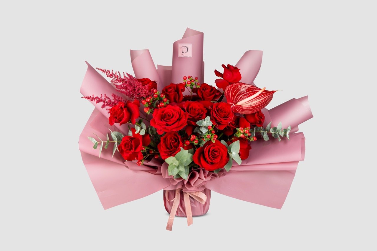 Medium Ember Elegance bouquet with pink wrapping	