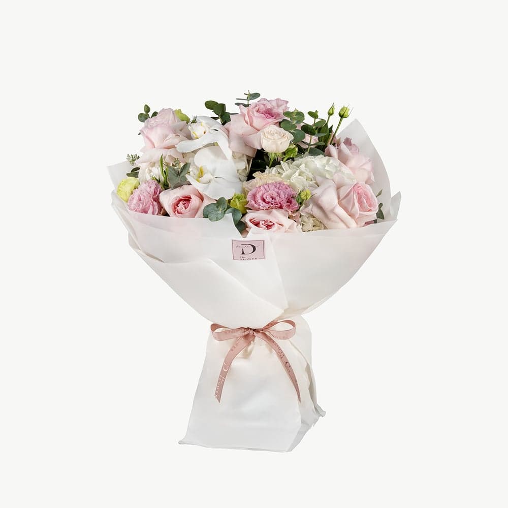 Medium-sized Luxe Bouquet showcasing a luxurious blend of pink and white flowers with orchids and eucalyptus	 thumbnail